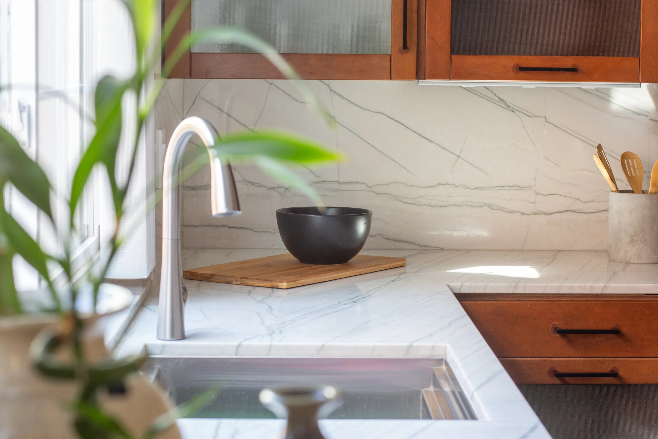 San Diego 1970's Split-level kitchen view in San Diego, California by Madelene Ross Design Studio